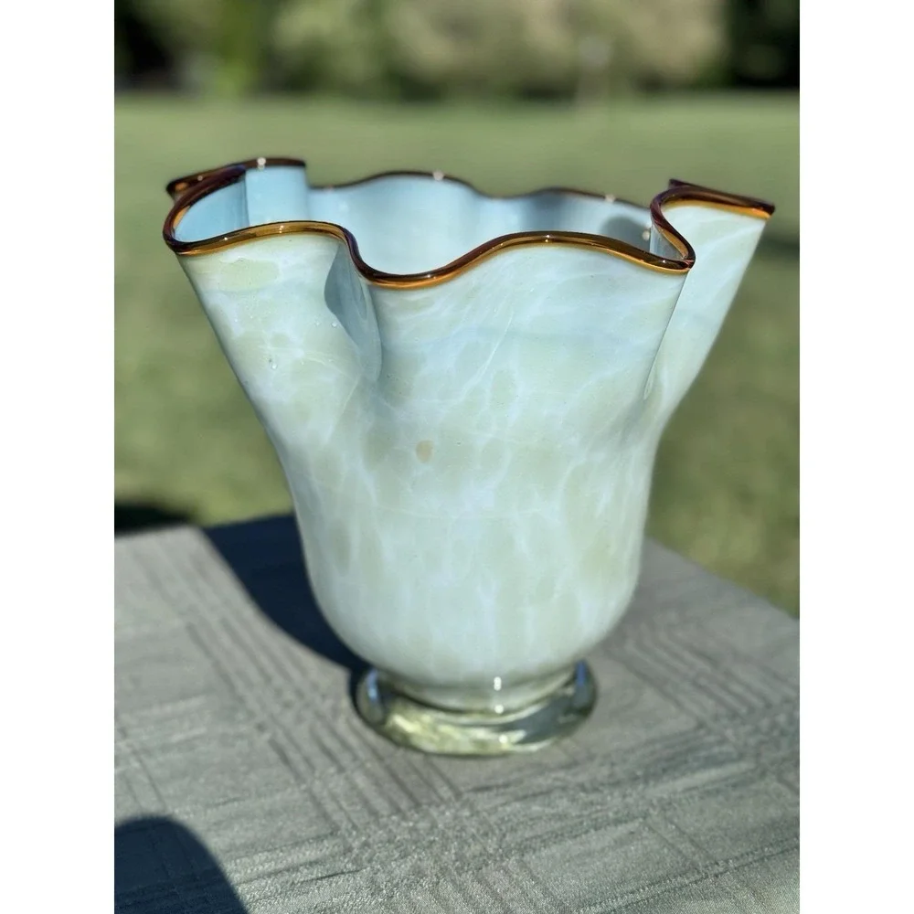 VTG Murano Style Italian Glass Handkerchief Vase Ruffled Mint Green Blue 9.5
